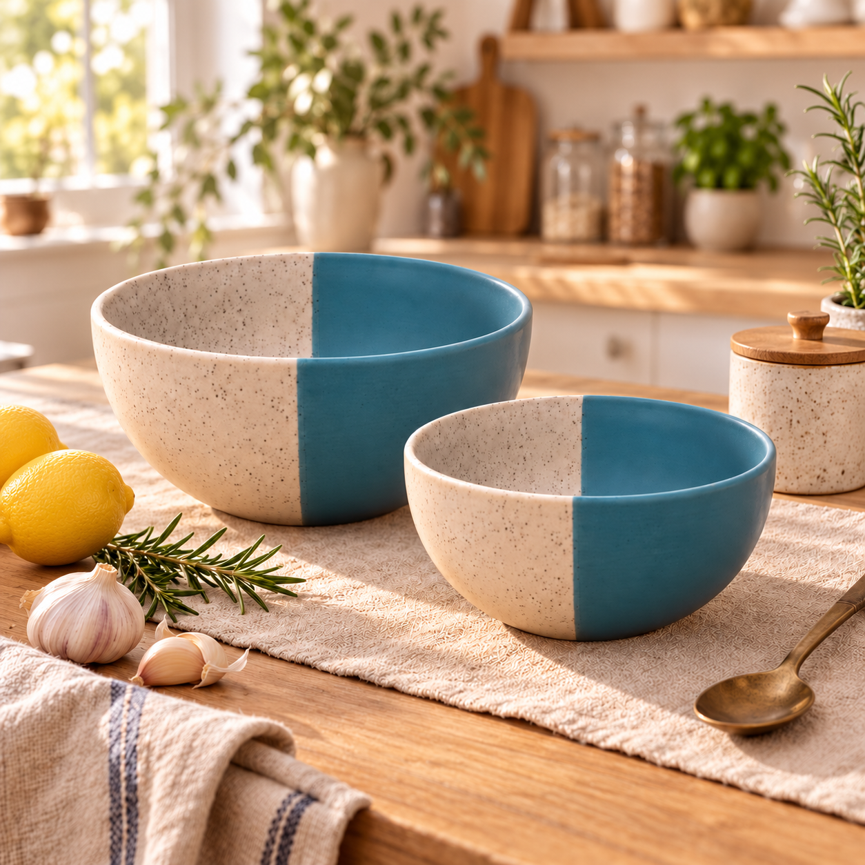 KunhaR Ceramic Mixing Bowl Set, 1500 ml & 800 ml, White Dusty Blue | Set of 2 Nesting Bowls for Mixing, Serving, Salad, Pasta, Snacks & Kitchen Prep