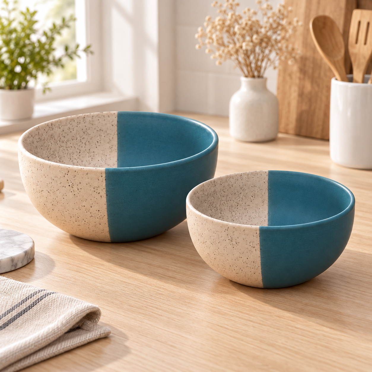 KunhaR Ceramic Mixing Bowl Set, 1500 ml & 800 ml, White Dusty Blue | Set of 2 Nesting Bowls for Mixing, Serving, Salad, Pasta, Snacks & Kitchen Prep - Image 2