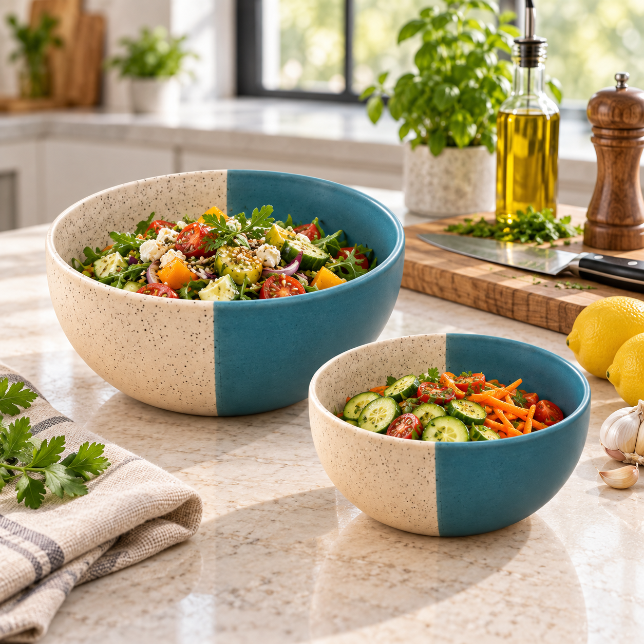 KunhaR Ceramic Mixing Bowl Set, 1500 ml & 800 ml, White Dusty Blue | Set of 2 Nesting Bowls for Mixing, Serving, Salad, Pasta, Snacks & Kitchen Prep - Image 3