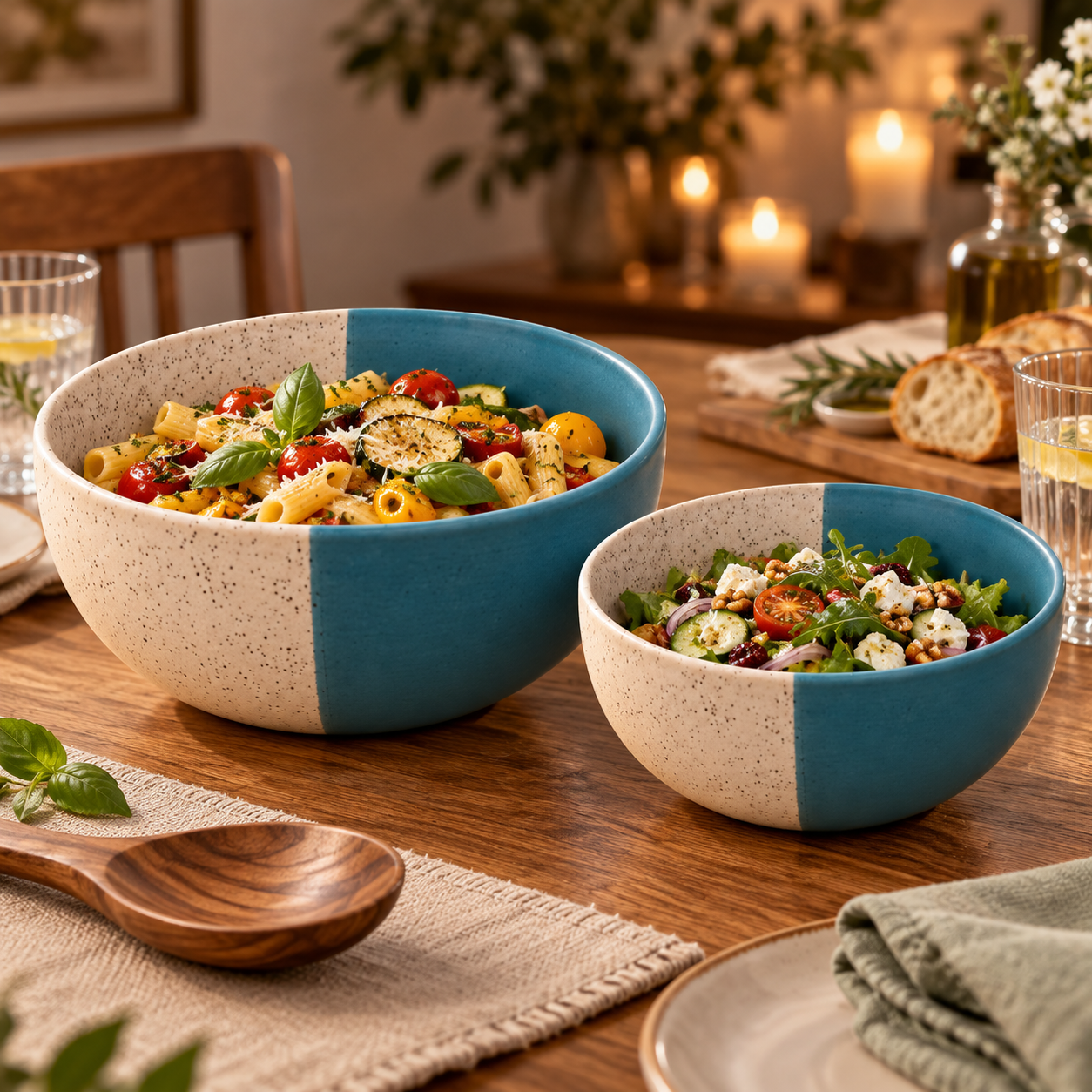 KunhaR Ceramic Mixing Bowl Set, 1500 ml & 800 ml, White Dusty Blue | Set of 2 Nesting Bowls for Mixing, Serving, Salad, Pasta, Snacks & Kitchen Prep - Image 4