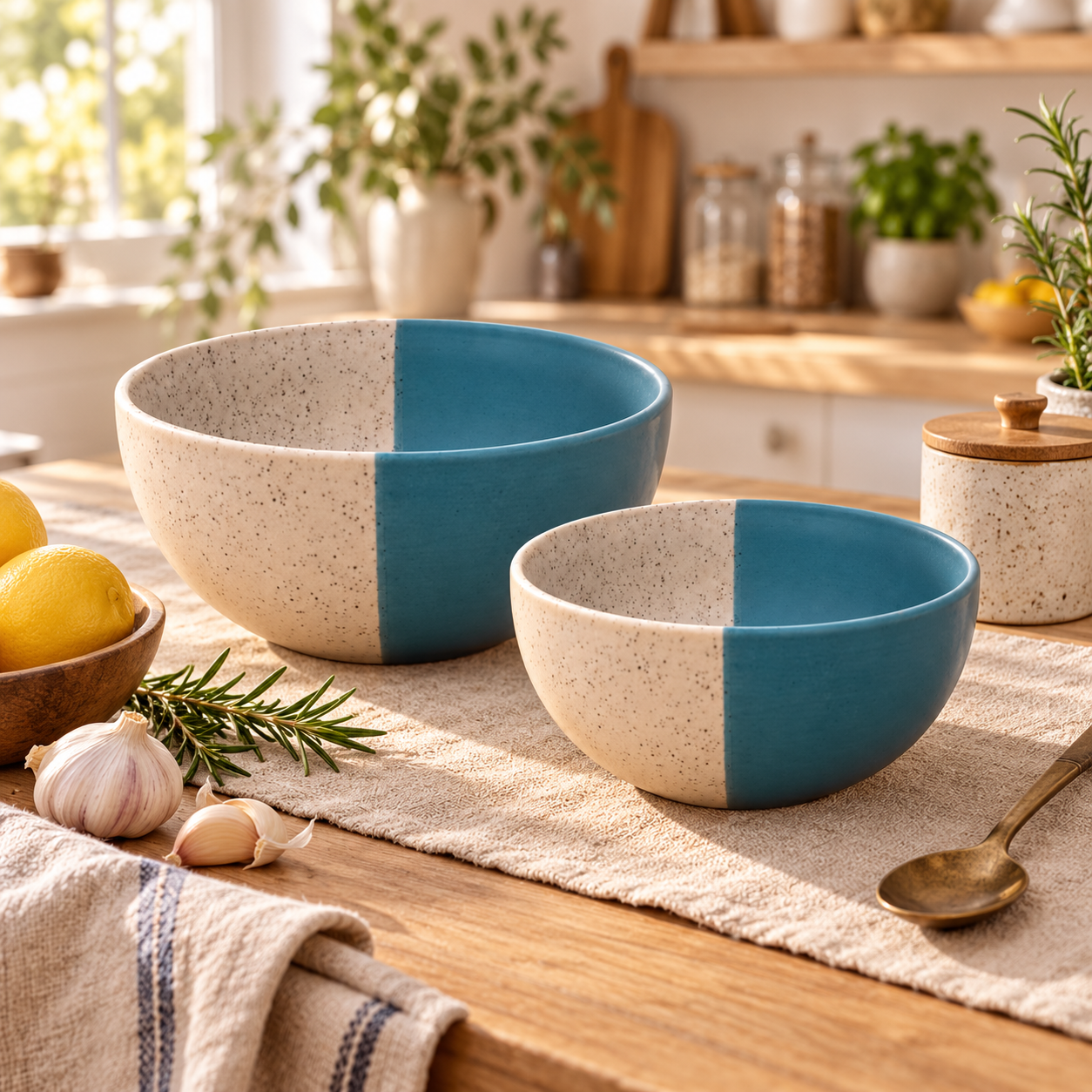 KunhaR Ceramic Mixing Bowl Set, 1500 ml & 800 ml, White Dusty Blue | Set of 2 Nesting Bowls for Mixing, Serving, Salad, Pasta, Snacks & Kitchen Prep - Image 5