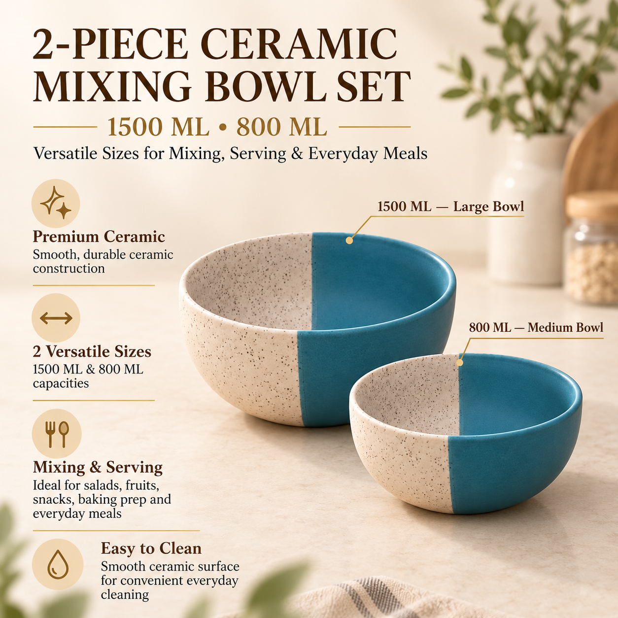KunhaR Ceramic Mixing Bowl Set, 1500 ml & 800 ml, White Dusty Blue | Set of 2 Nesting Bowls for Mixing, Serving, Salad, Pasta, Snacks & Kitchen Prep - Image 7