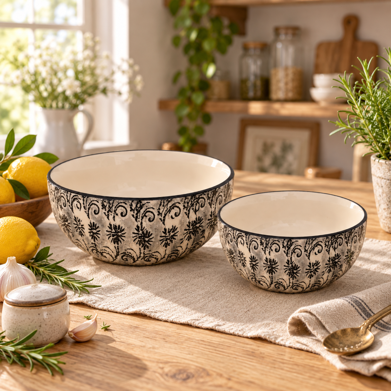 KunhaR Ceramic Mixing Bowl Set, 1500 ml & 800 ml, White Black | Set of 2 Nesting Bowls for Mixing, Serving, Salad, Pasta, Snacks & Kitchen Prep