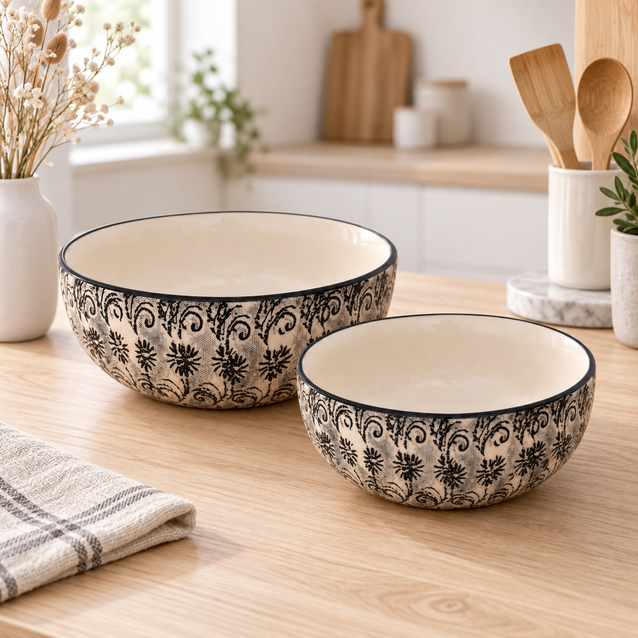KunhaR Ceramic Mixing Bowl Set, 1500 ml & 800 ml, White Black | Set of 2 Nesting Bowls for Mixing, Serving, Salad, Pasta, Snacks & Kitchen Prep