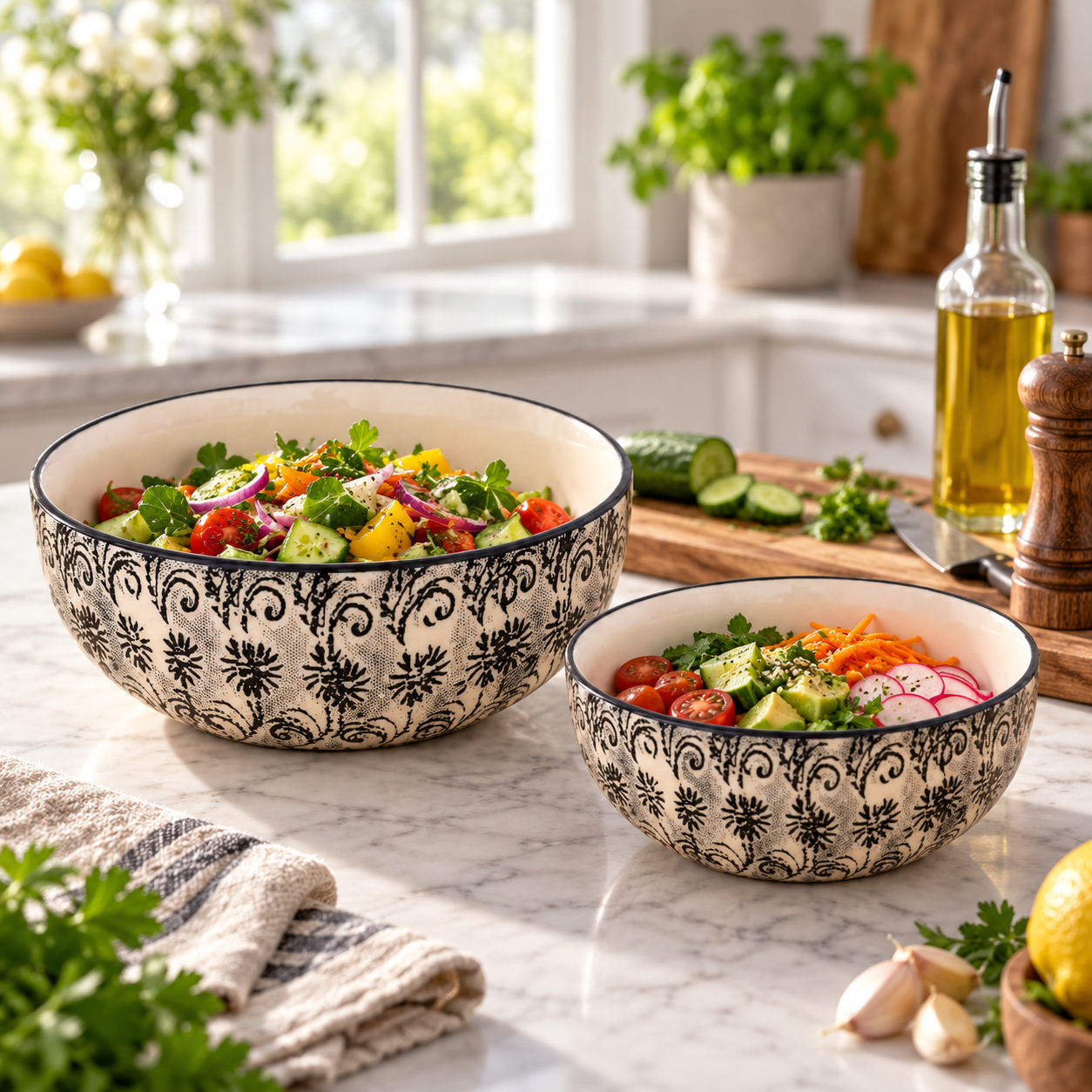 KunhaR Ceramic Mixing Bowl Set, 1500 ml & 800 ml, White Black | Set of 2 Nesting Bowls for Mixing, Serving, Salad, Pasta, Snacks & Kitchen Prep