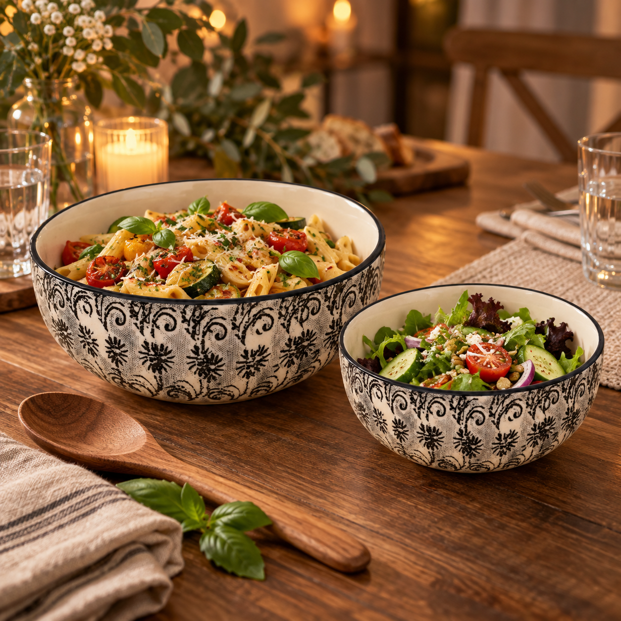 KunhaR Ceramic Mixing Bowl Set, 1500 ml & 800 ml, White Black | Set of 2 Nesting Bowls for Mixing, Serving, Salad, Pasta, Snacks & Kitchen Prep
