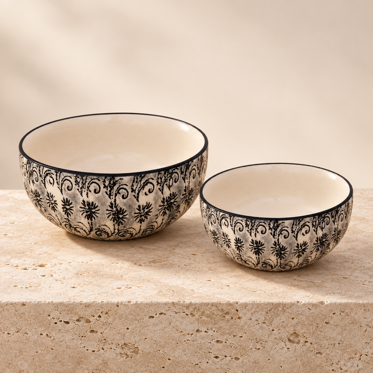 KunhaR Ceramic Mixing Bowl Set, 1500 ml & 800 ml, White Black | Set of 2 Nesting Bowls for Mixing, Serving, Salad, Pasta, Snacks & Kitchen Prep