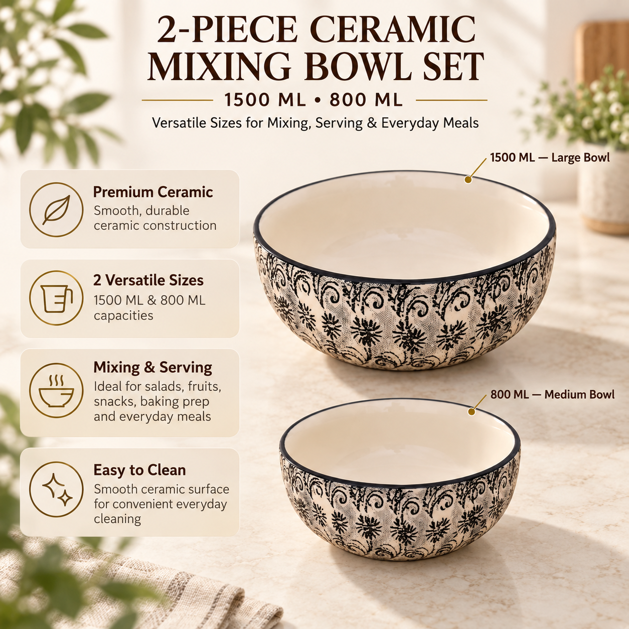 KunhaR Ceramic Mixing Bowl Set, 1500 ml & 800 ml, White Black | Set of 2 Nesting Bowls for Mixing, Serving, Salad, Pasta, Snacks & Kitchen Prep