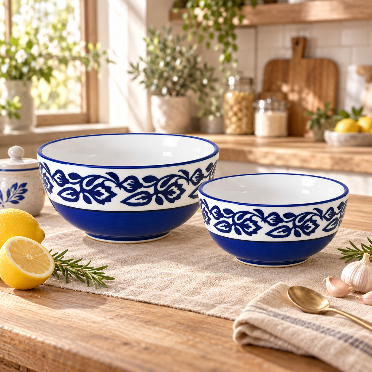 KunhaR Ceramic Mixing Bowl Set, 1500 ml & 800 ml, Blue Vine | Set of 2 Nesting Bowls for Mixing, Serving, Salad, Pasta, Snacks & Kitchen Prep