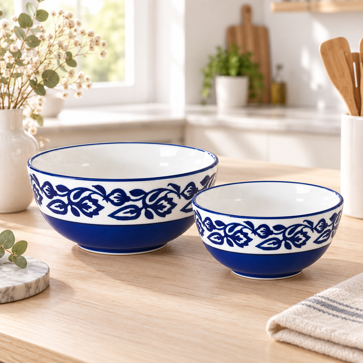 KunhaR Ceramic Mixing Bowl Set, 1500 ml & 800 ml, Blue Vine | Set of 2 Nesting Bowls for Mixing, Serving, Salad, Pasta, Snacks & Kitchen Prep - Image 2