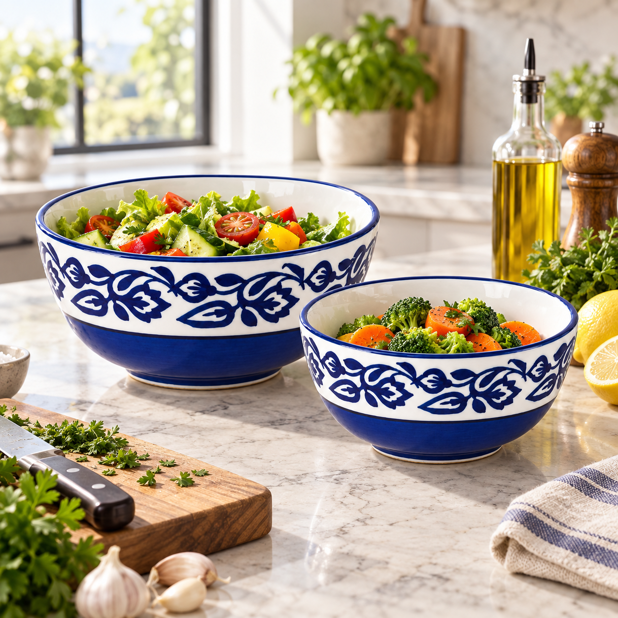 KunhaR Ceramic Mixing Bowl Set, 1500 ml & 800 ml, Blue Vine | Set of 2 Nesting Bowls for Mixing, Serving, Salad, Pasta, Snacks & Kitchen Prep - Image 3