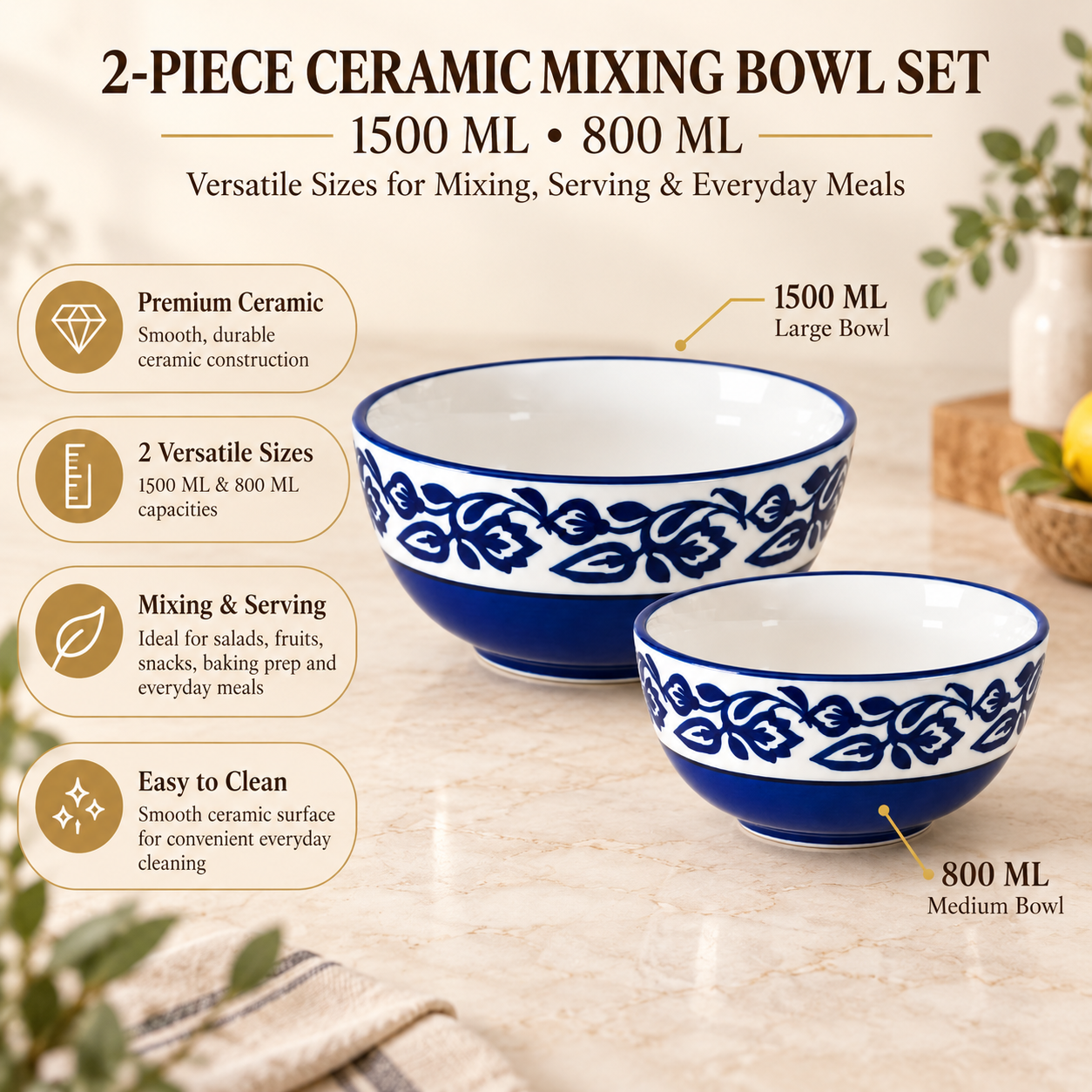 KunhaR Ceramic Mixing Bowl Set, 1500 ml & 800 ml, Blue Vine | Set of 2 Nesting Bowls for Mixing, Serving, Salad, Pasta, Snacks & Kitchen Prep - Image 7