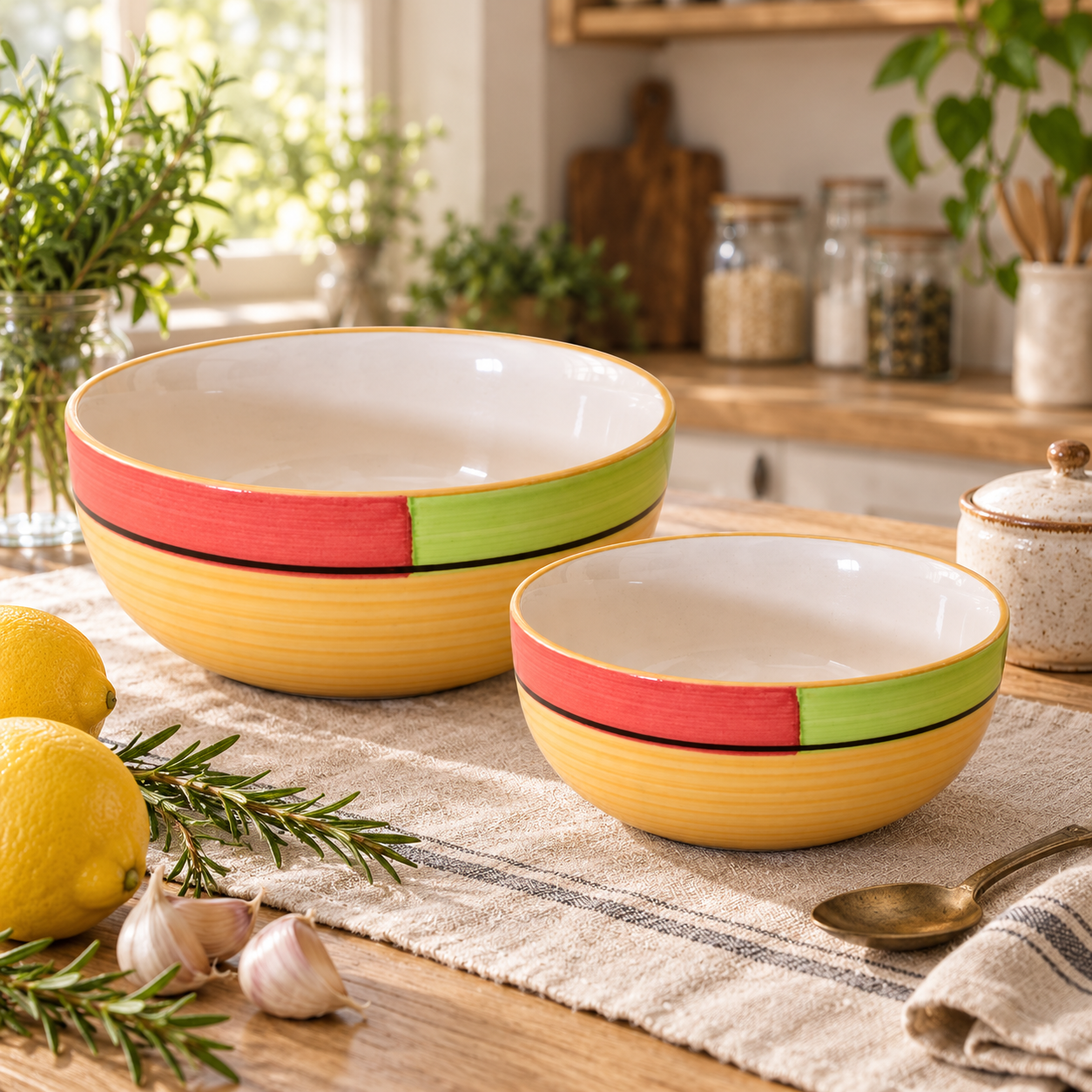 KunhaR Ceramic Mixing Bowl Set, 1500 ml & 800 ml, Yellow | Set of 2 Nesting Bowls for Mixing, Serving, Salad, Pasta, Snacks & Kitchen Prep