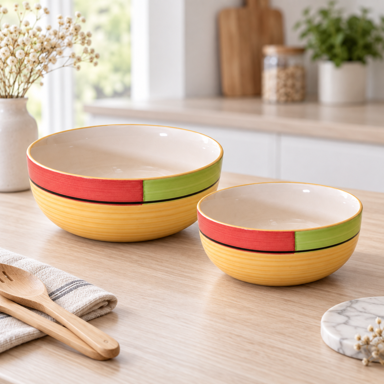 KunhaR Ceramic Mixing Bowl Set, 1500 ml & 800 ml, Yellow | Set of 2 Nesting Bowls for Mixing, Serving, Salad, Pasta, Snacks & Kitchen Prep - Image 2
