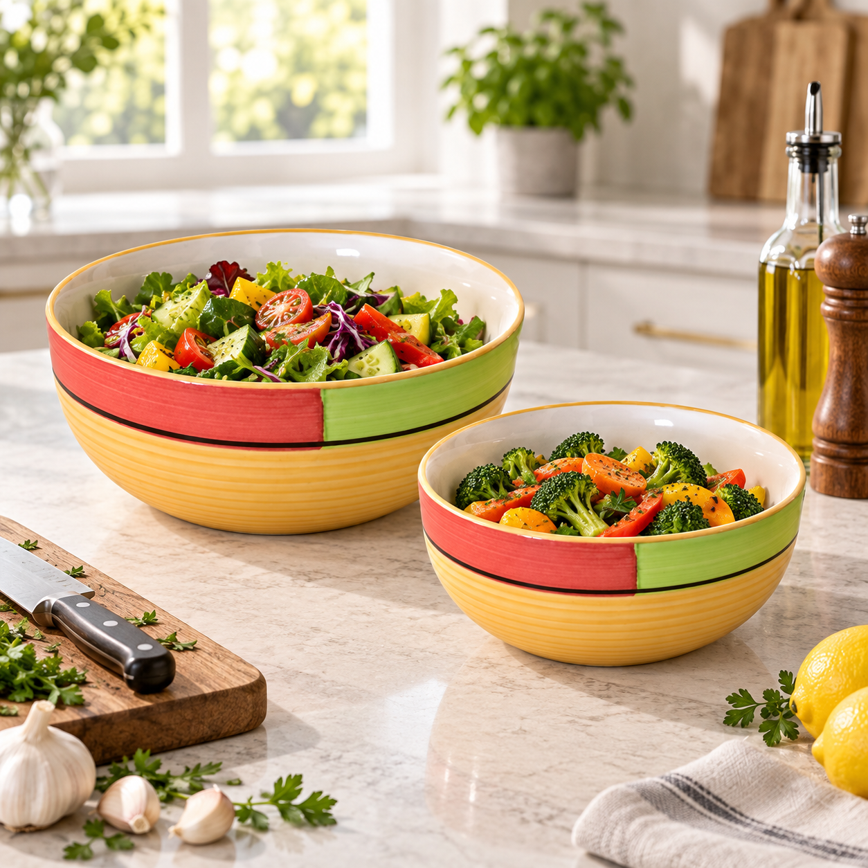 KunhaR Ceramic Mixing Bowl Set, 1500 ml & 800 ml, Yellow | Set of 2 Nesting Bowls for Mixing, Serving, Salad, Pasta, Snacks & Kitchen Prep - Image 3