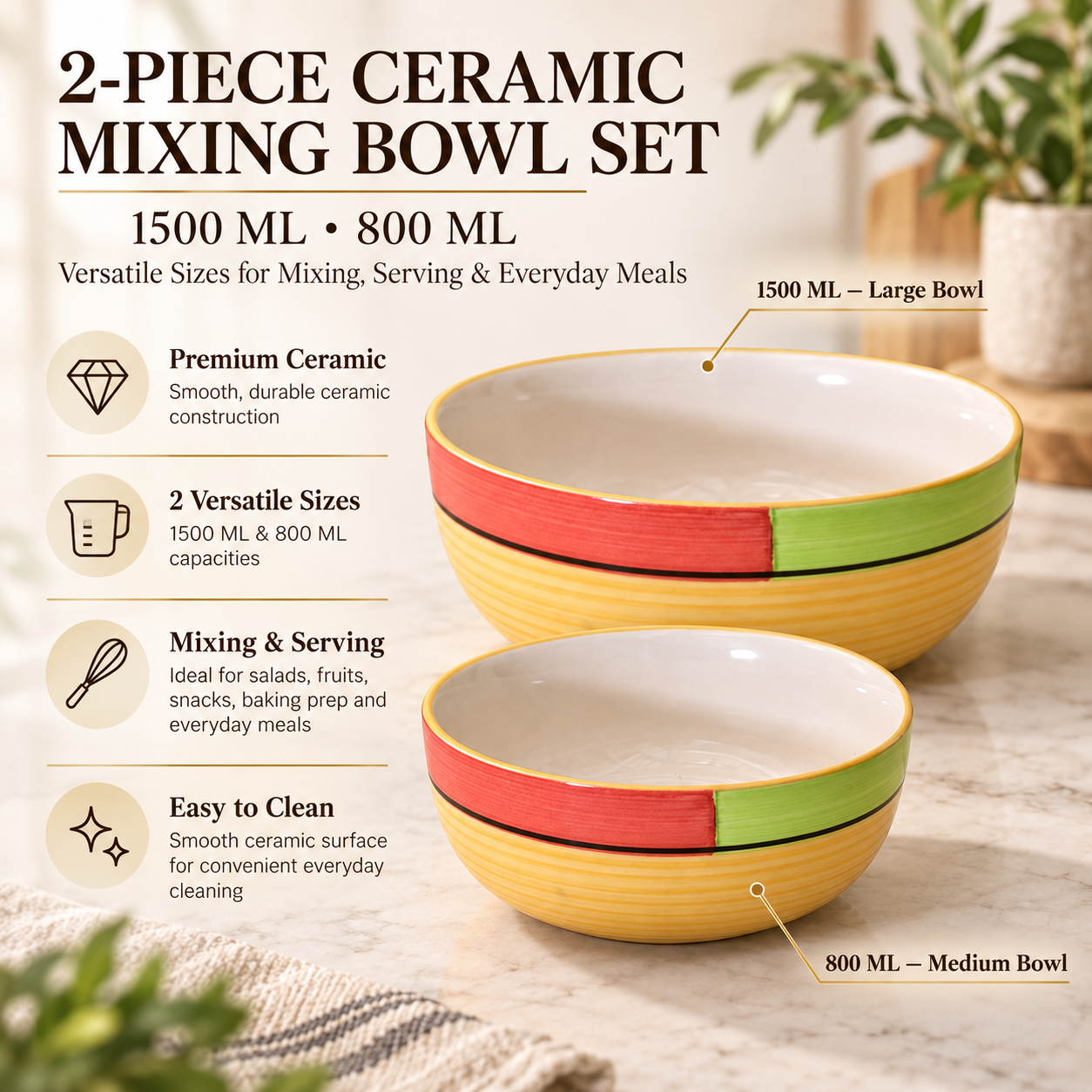 KunhaR Ceramic Mixing Bowl Set, 1500 ml & 800 ml, Yellow | Set of 2 Nesting Bowls for Mixing, Serving, Salad, Pasta, Snacks & Kitchen Prep - Image 6