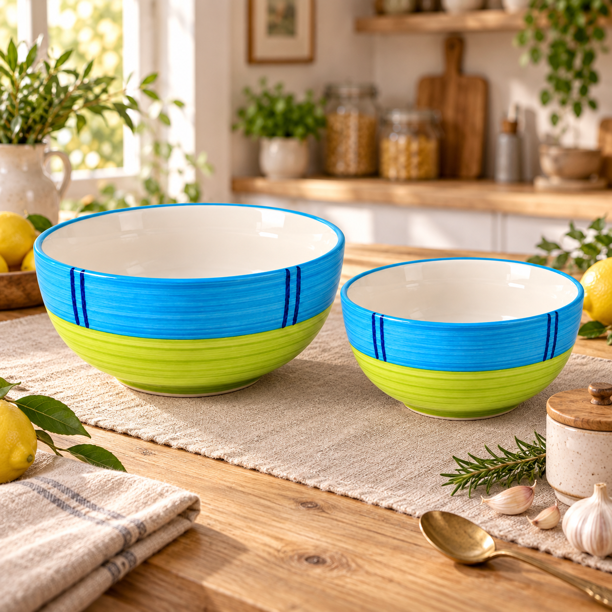 KunhaR Ceramic Mixing Bowl Set, 1500 ml & 800 ml, Green | Set of 2 Nesting Bowls for Mixing, Serving, Salad, Pasta, Snacks & Kitchen Prep