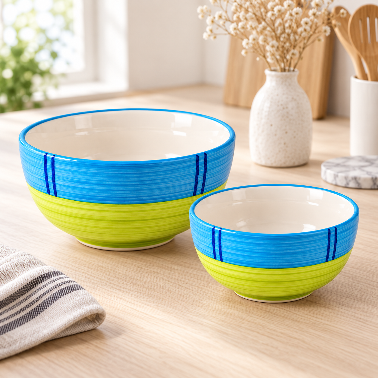 KunhaR Ceramic Mixing Bowl Set, 1500 ml & 800 ml, Green | Set of 2 Nesting Bowls for Mixing, Serving, Salad, Pasta, Snacks & Kitchen Prep