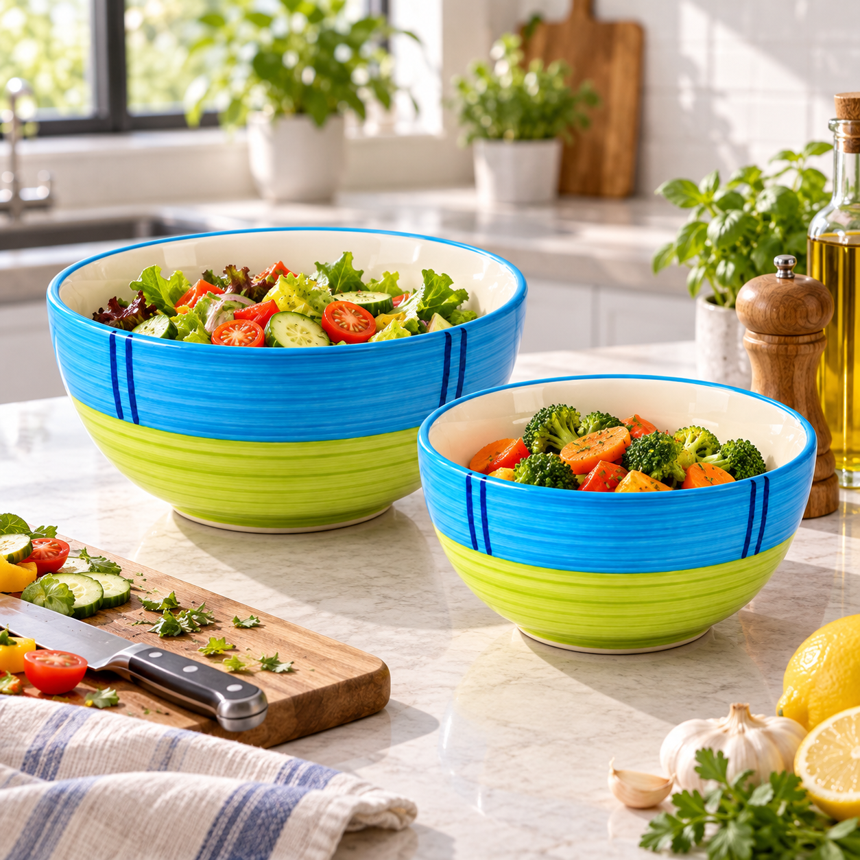 KunhaR Ceramic Mixing Bowl Set, 1500 ml & 800 ml, Green | Set of 2 Nesting Bowls for Mixing, Serving, Salad, Pasta, Snacks & Kitchen Prep