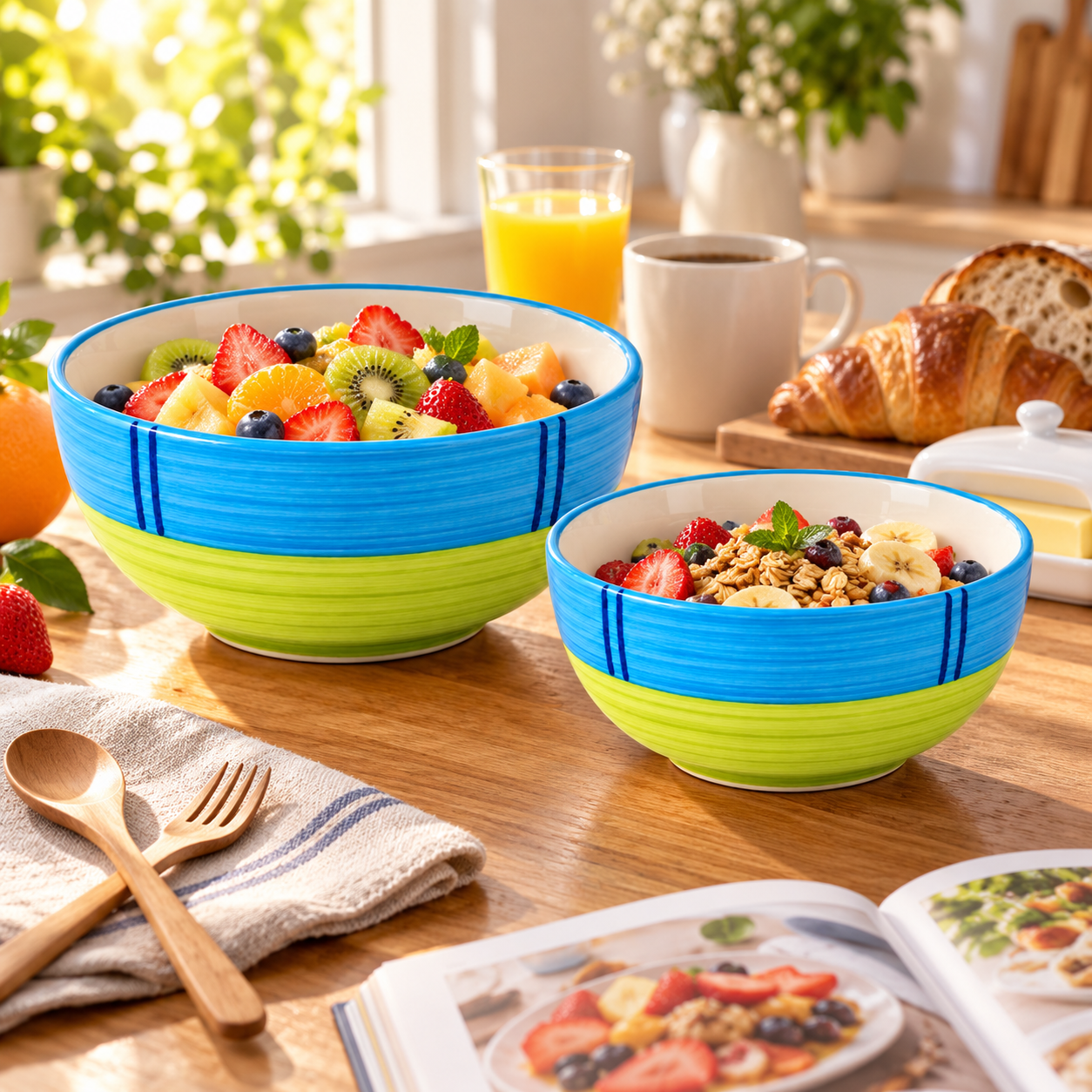KunhaR Ceramic Mixing Bowl Set, 1500 ml & 800 ml, Green | Set of 2 Nesting Bowls for Mixing, Serving, Salad, Pasta, Snacks & Kitchen Prep