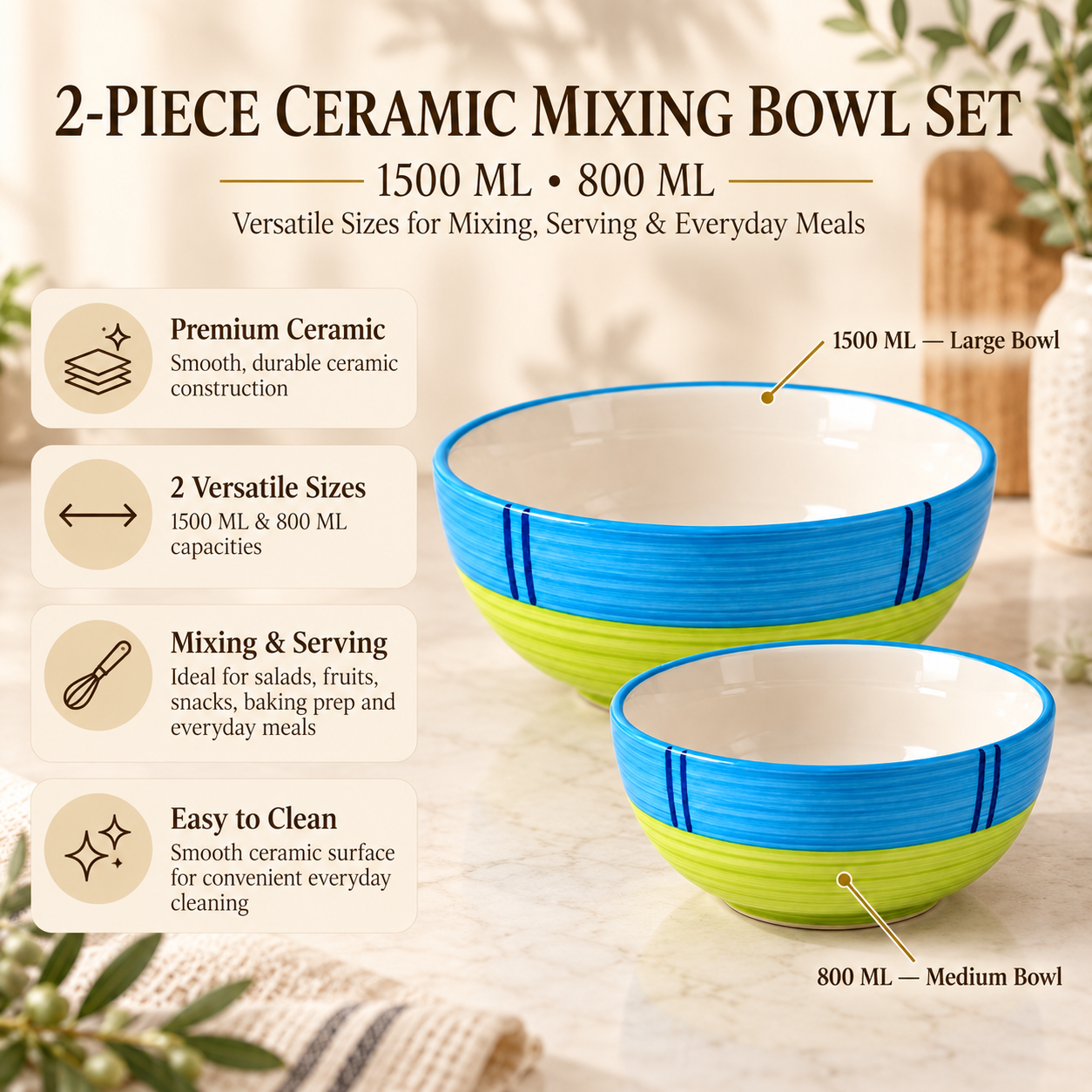 KunhaR Ceramic Mixing Bowl Set, 1500 ml & 800 ml, Green | Set of 2 Nesting Bowls for Mixing, Serving, Salad, Pasta, Snacks & Kitchen Prep