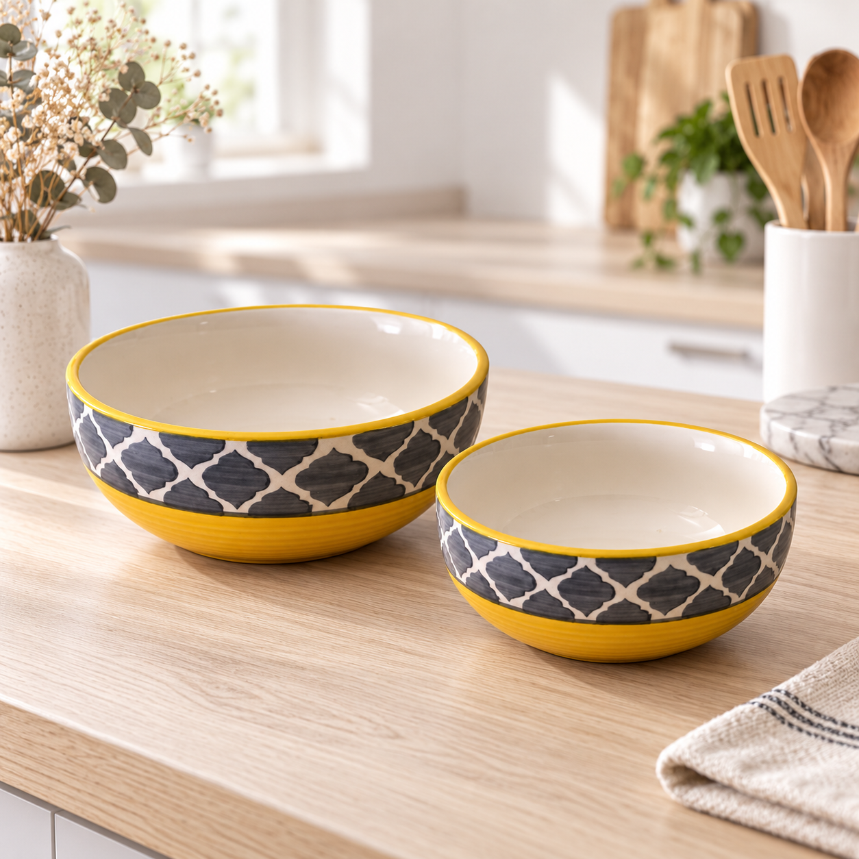 KunhaR Ceramic Mixing Bowl Set, 1500 ml & 800 ml, Yellow Grey | Set of 2 Nesting Bowls for Mixing, Serving, Salad, Pasta, Snacks & Kitchen Prep - Image 2