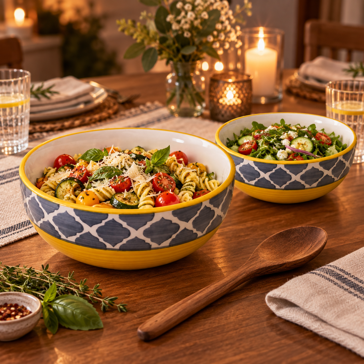 KunhaR Ceramic Mixing Bowl Set, 1500 ml & 800 ml, Yellow Grey | Set of 2 Nesting Bowls for Mixing, Serving, Salad, Pasta, Snacks & Kitchen Prep - Image 3
