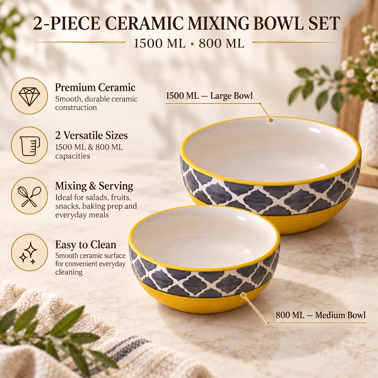 KunhaR Ceramic Mixing Bowl Set, 1500 ml & 800 ml, Yellow Grey | Set of 2 Nesting Bowls for Mixing, Serving, Salad, Pasta, Snacks & Kitchen Prep - Image 6