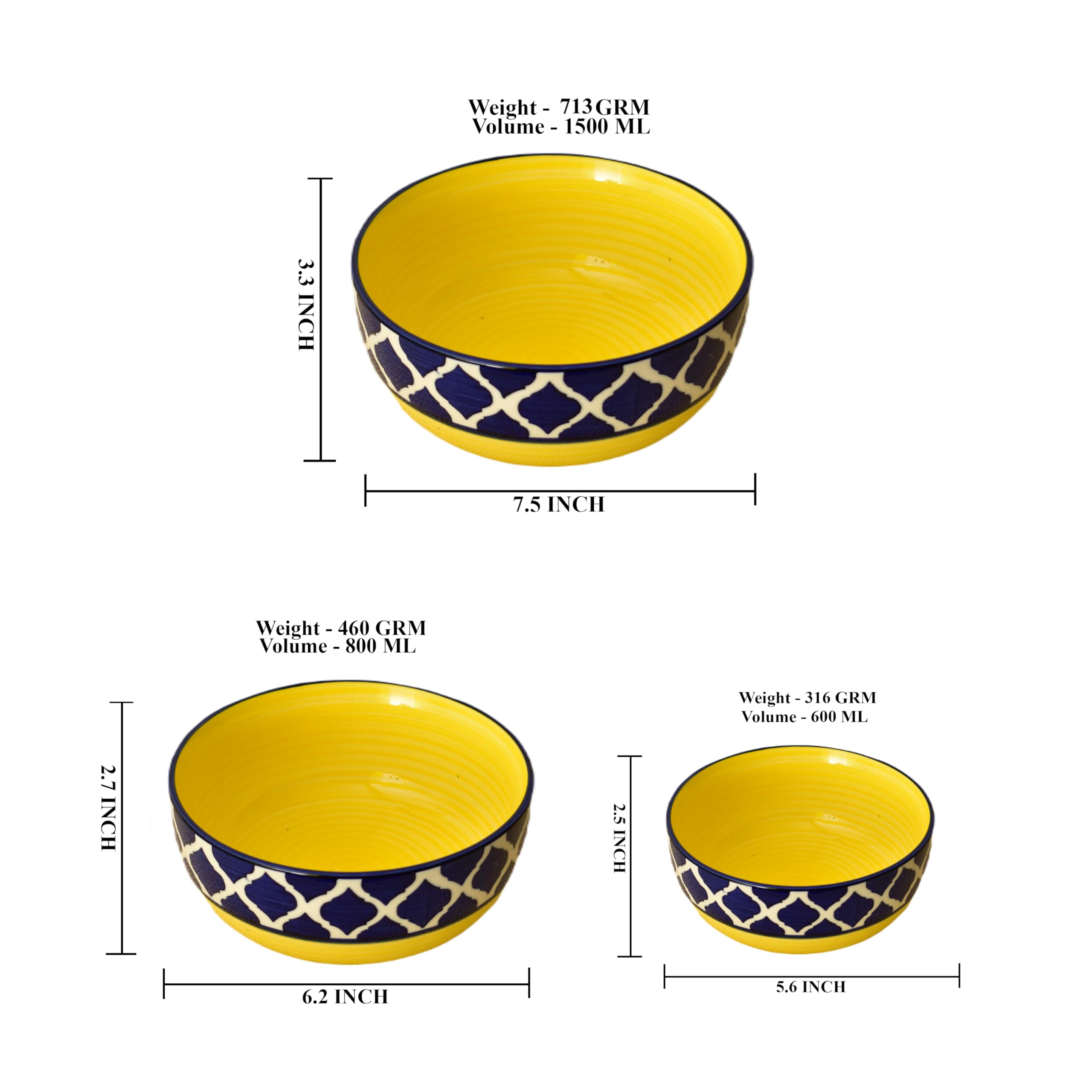Kunhar Ceramic Mixing Bowls, Soup Bowl, Salad Bowl, Bowl for Snacks, Microwave Safe, Dishwasher Safe - 1500 Ml, 800 Ml and 600 Ml, 3 Pieces, Yello Blue Chidi - Image 2