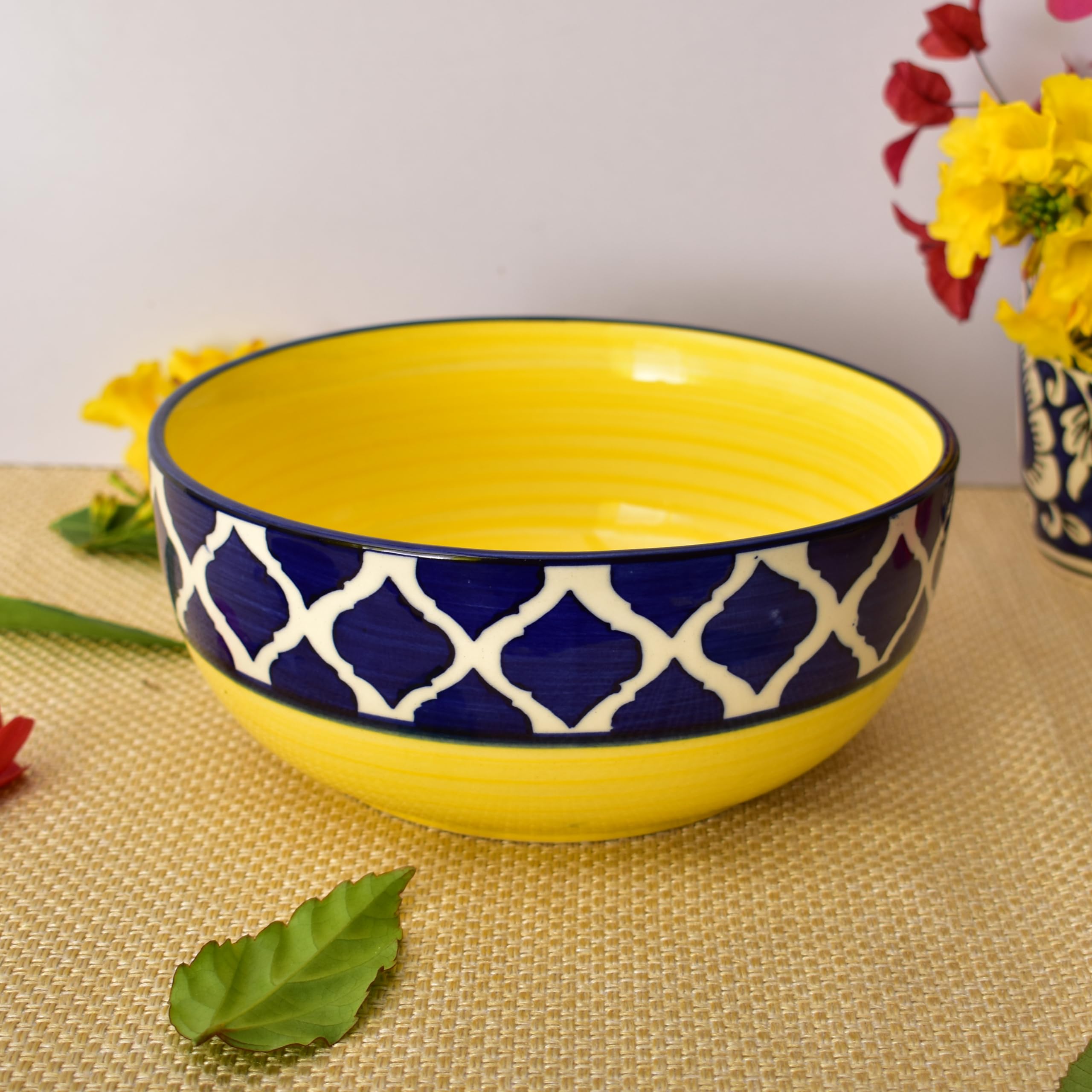 Kunhar Ceramic Mixing Bowls, Soup Bowl, Salad Bowl, Bowl for Snacks, Microwave Safe, Dishwasher Safe - 1500 Ml, 800 Ml and 600 Ml, 3 Pieces, Yello Blue Chidi - Image 4