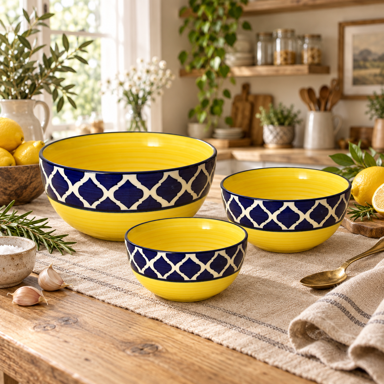KunhaR Ceramic Mixing Bowl Set, 1500 ml, 800 ml & 600 ml, Yello Blue Chidi | Set of 3 Nesting Bowls for Mixing, Serving, Salad, Pasta, Snacks & Kitchen Prep