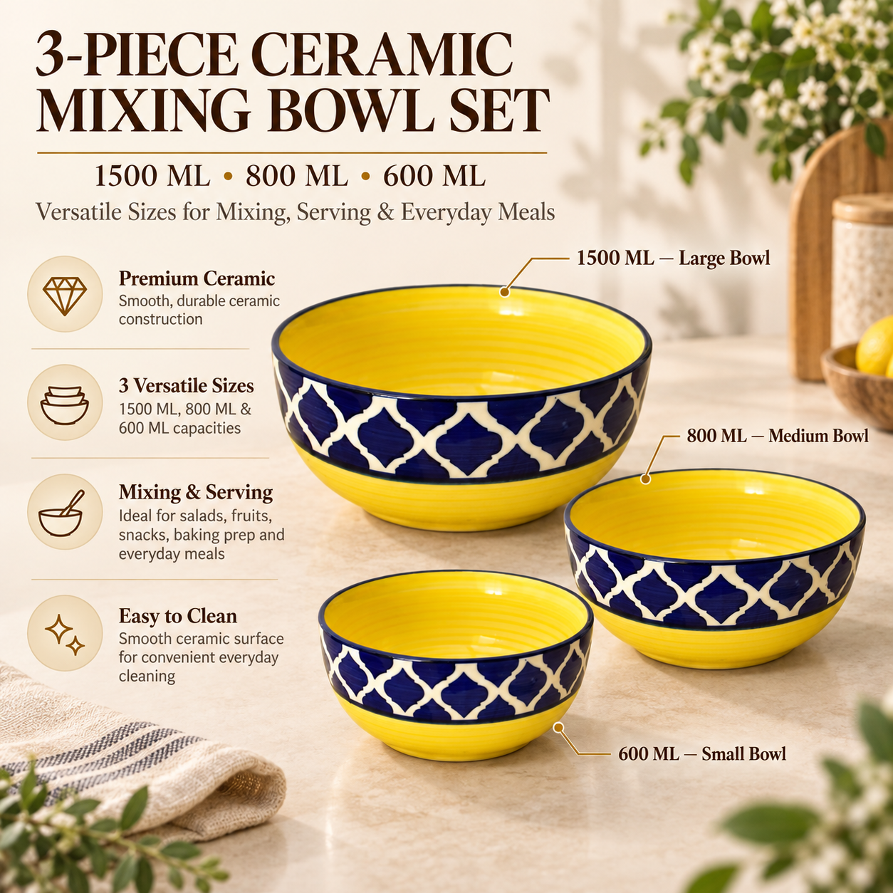 KunhaR Ceramic Mixing Bowl Set, 1500 ml, 800 ml & 600 ml, Yello Blue Chidi | Set of 3 Nesting Bowls for Mixing, Serving, Salad, Pasta, Snacks & Kitchen Prep