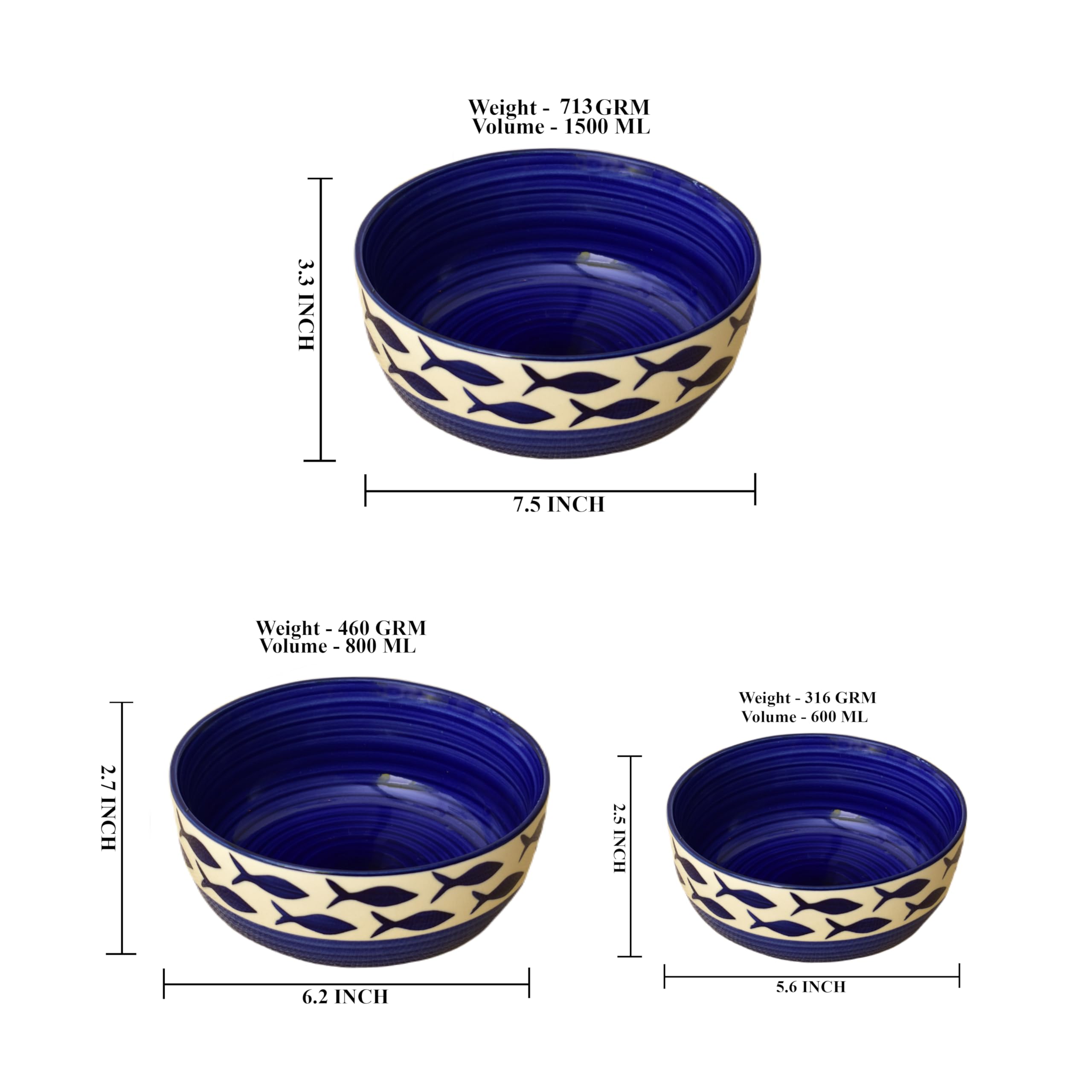 Kunhar Ceramic Mixing Bowls, Soup Bowl, Salad Bowl, Bowl for Snacks, Microwave Safe, Dishwasher Safe - 1500 Ml, 800 Ml and 600 Ml, 3 Pieces, Dark Indigo - Image 2