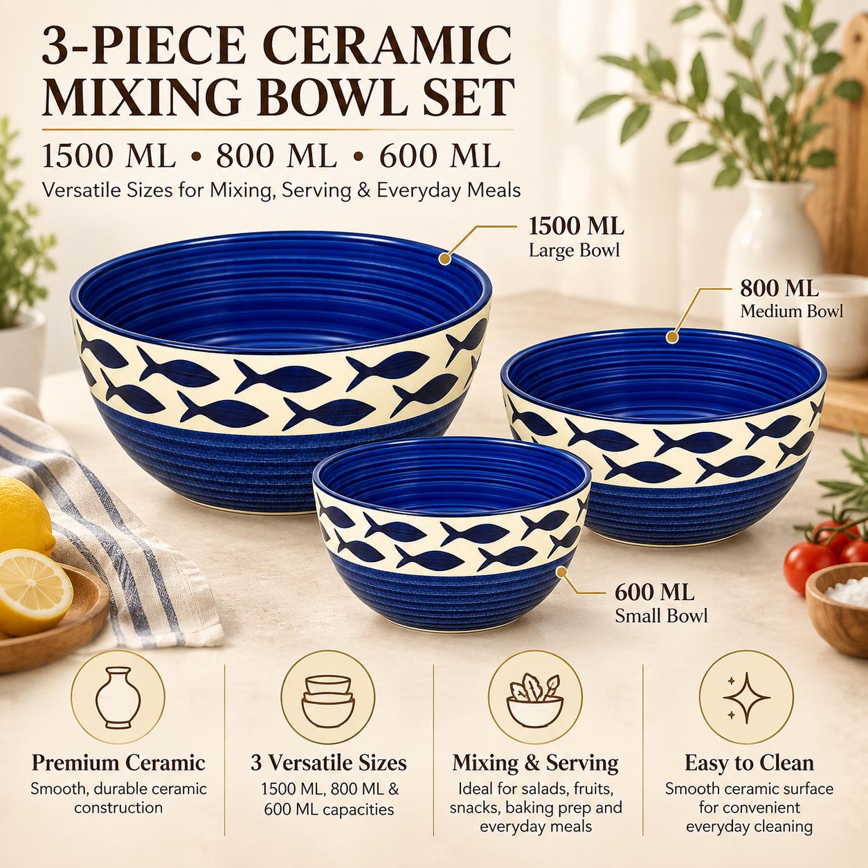 KunhaR Ceramic Mixing Bowl Set, 1500 ml, 800 ml & 600 ml, Dark Indigo | Set of 3 Nesting Bowls for Mixing, Serving, Salad, Pasta, Snacks & Kitchen Prep - Image 7