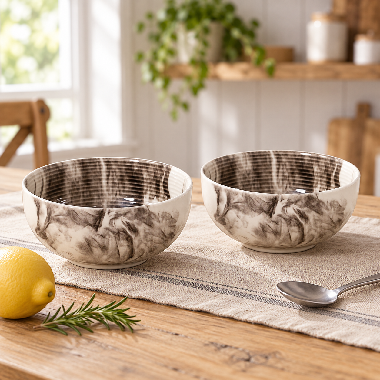 KunhaR Ceramic Serving Bowls, 400 ml Each, Set of 2, Marble Color, Small Bowls for Soup, Rice, Curry, Snacks and Desserts