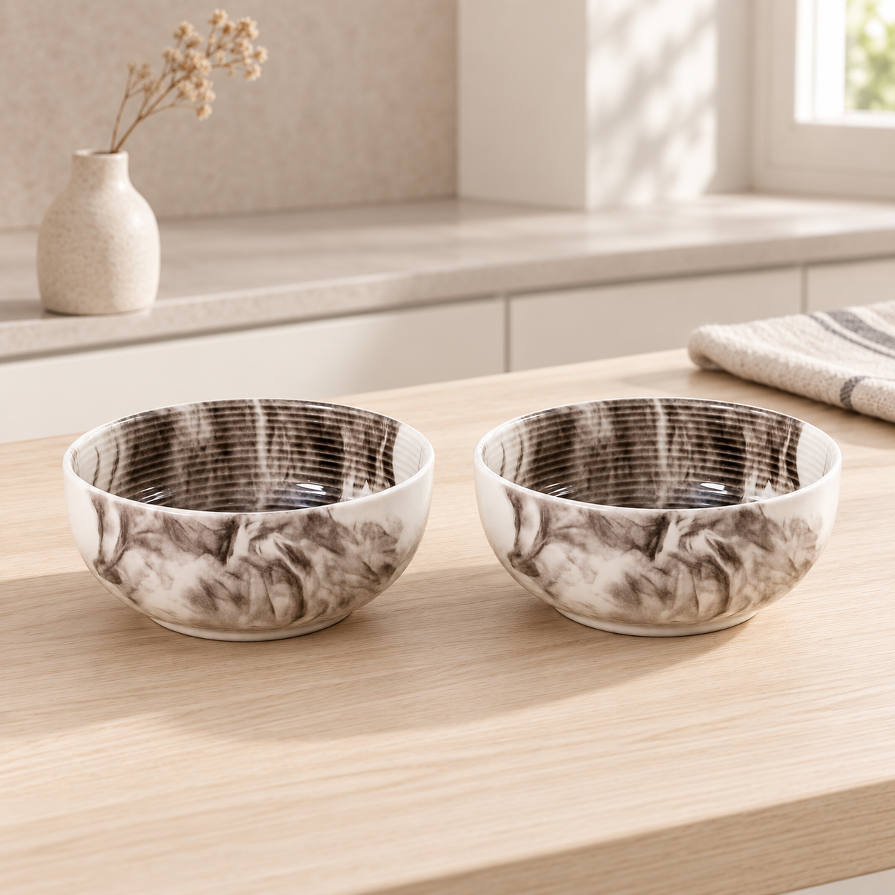 KunhaR Ceramic Serving Bowls, 400 ml Each, Set of 2, Marble Color, Small Bowls for Soup, Rice, Curry, Snacks and Desserts - Image 2