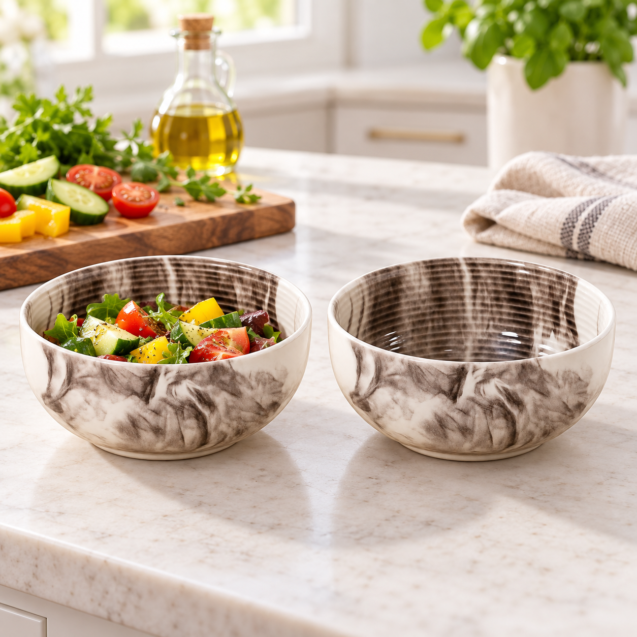 KunhaR Ceramic Serving Bowls, 400 ml Each, Set of 2, Marble Color, Small Bowls for Soup, Rice, Curry, Snacks and Desserts - Image 4