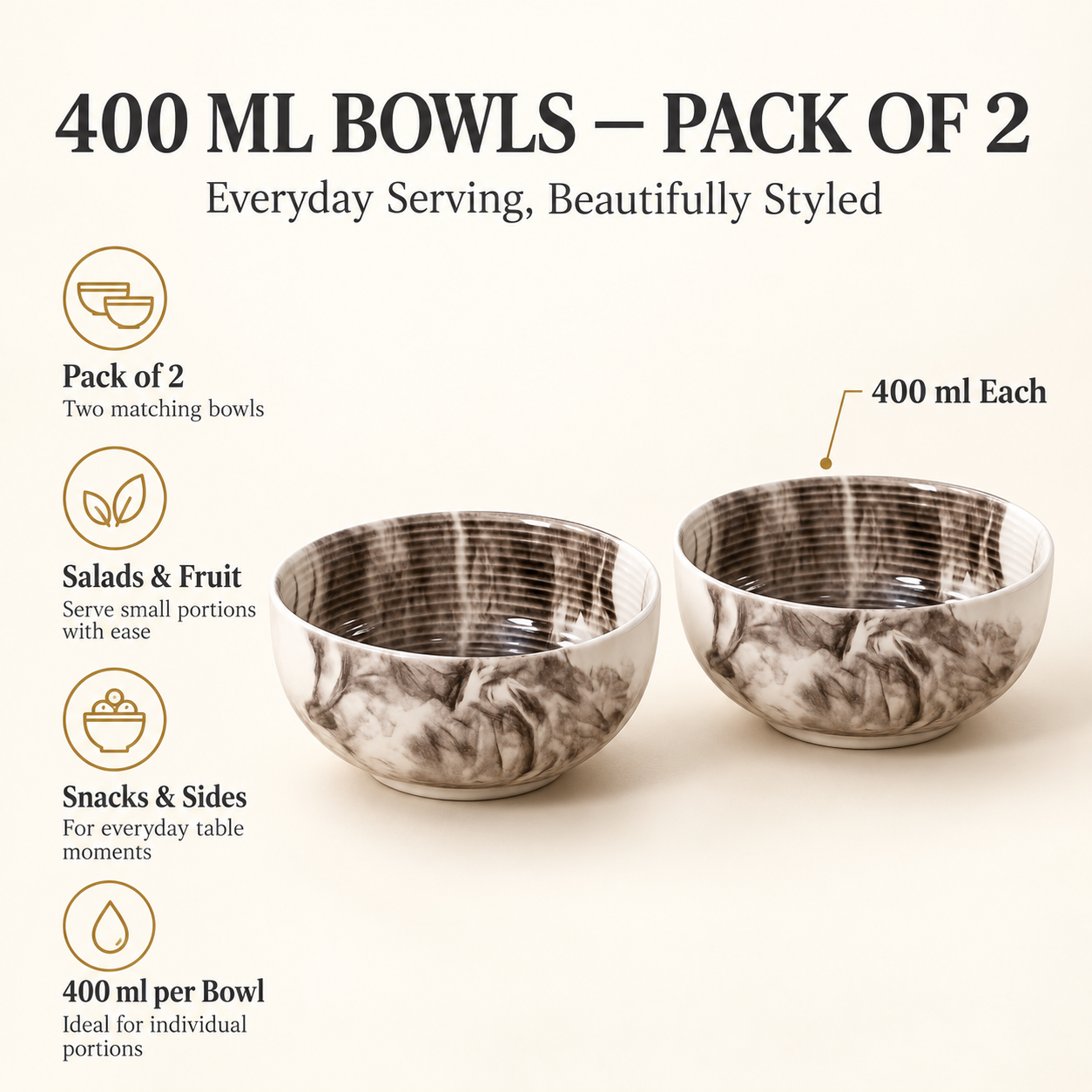 KunhaR Ceramic Serving Bowls, 400 ml Each, Set of 2, Marble Color, Small Bowls for Soup, Rice, Curry, Snacks and Desserts - Image 7