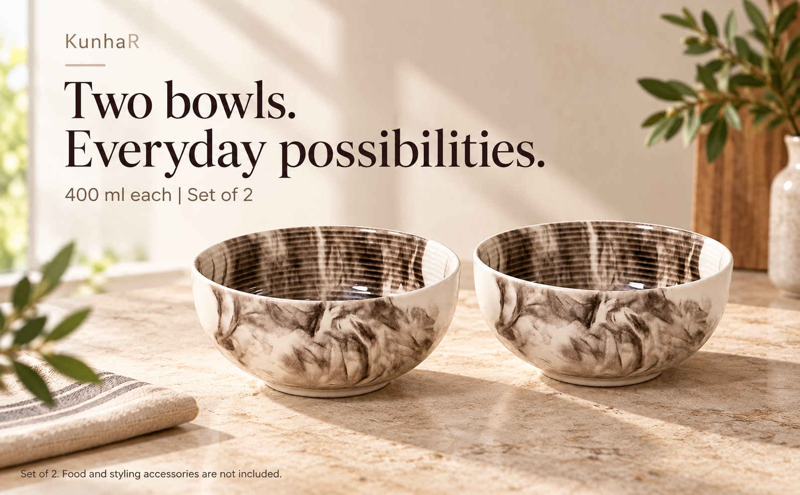 KunhaR Ceramic Serving Bowls, 400 ml Each, Set of 2, Marble Color, Small Bowls for Soup, Rice, Curry, Snacks and Desserts — hero