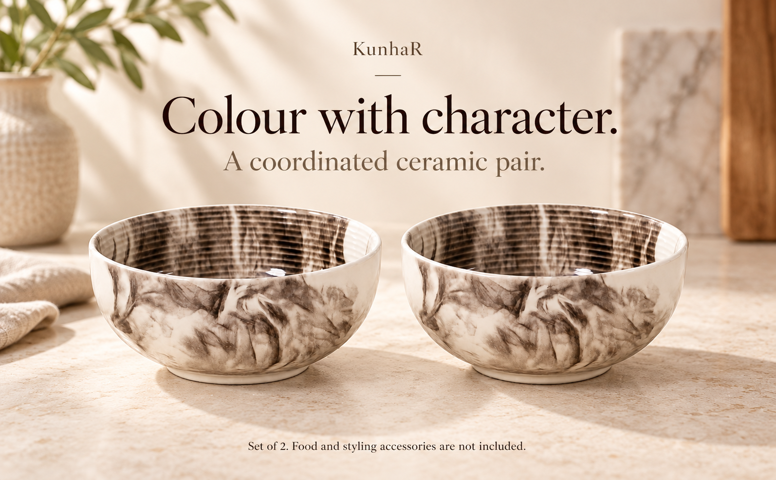 KunhaR Ceramic Serving Bowls, 400 ml Each, Set of 2, Marble Color, Small Bowls for Soup, Rice, Curry, Snacks and Desserts — finish