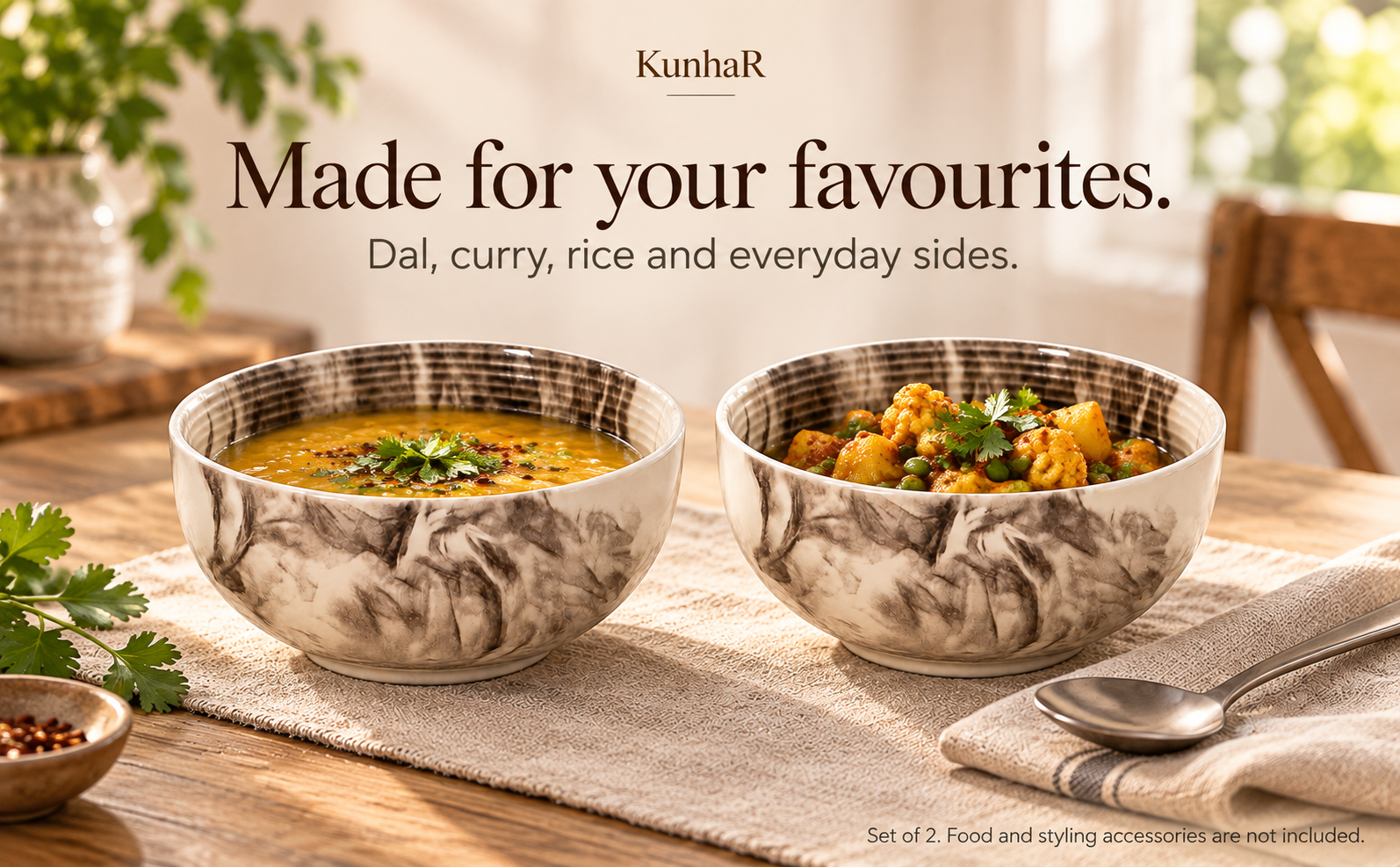 KunhaR Ceramic Serving Bowls, 400 ml Each, Set of 2, Marble Color, Small Bowls for Soup, Rice, Curry, Snacks and Desserts — serve