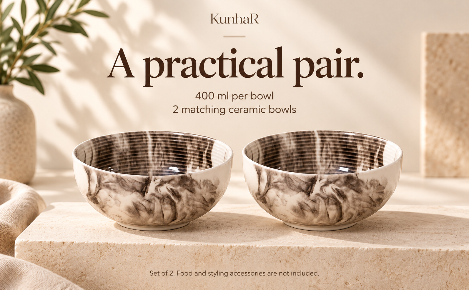 KunhaR Ceramic Serving Bowls, 400 ml Each, Set of 2, Marble Color, Small Bowls for Soup, Rice, Curry, Snacks and Desserts — capacity