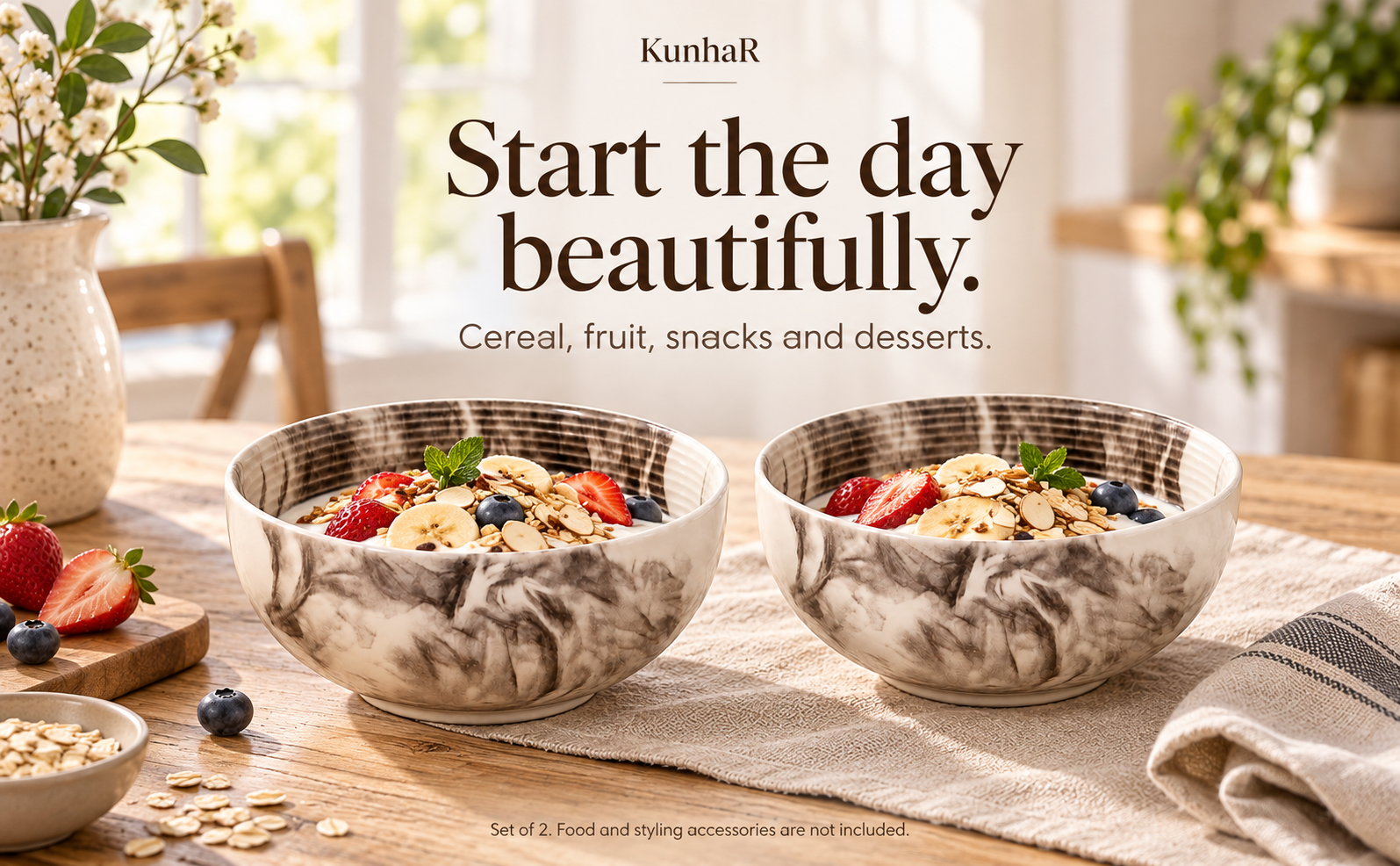 KunhaR Ceramic Serving Bowls, 400 ml Each, Set of 2, Marble Color, Small Bowls for Soup, Rice, Curry, Snacks and Desserts — breakfast
