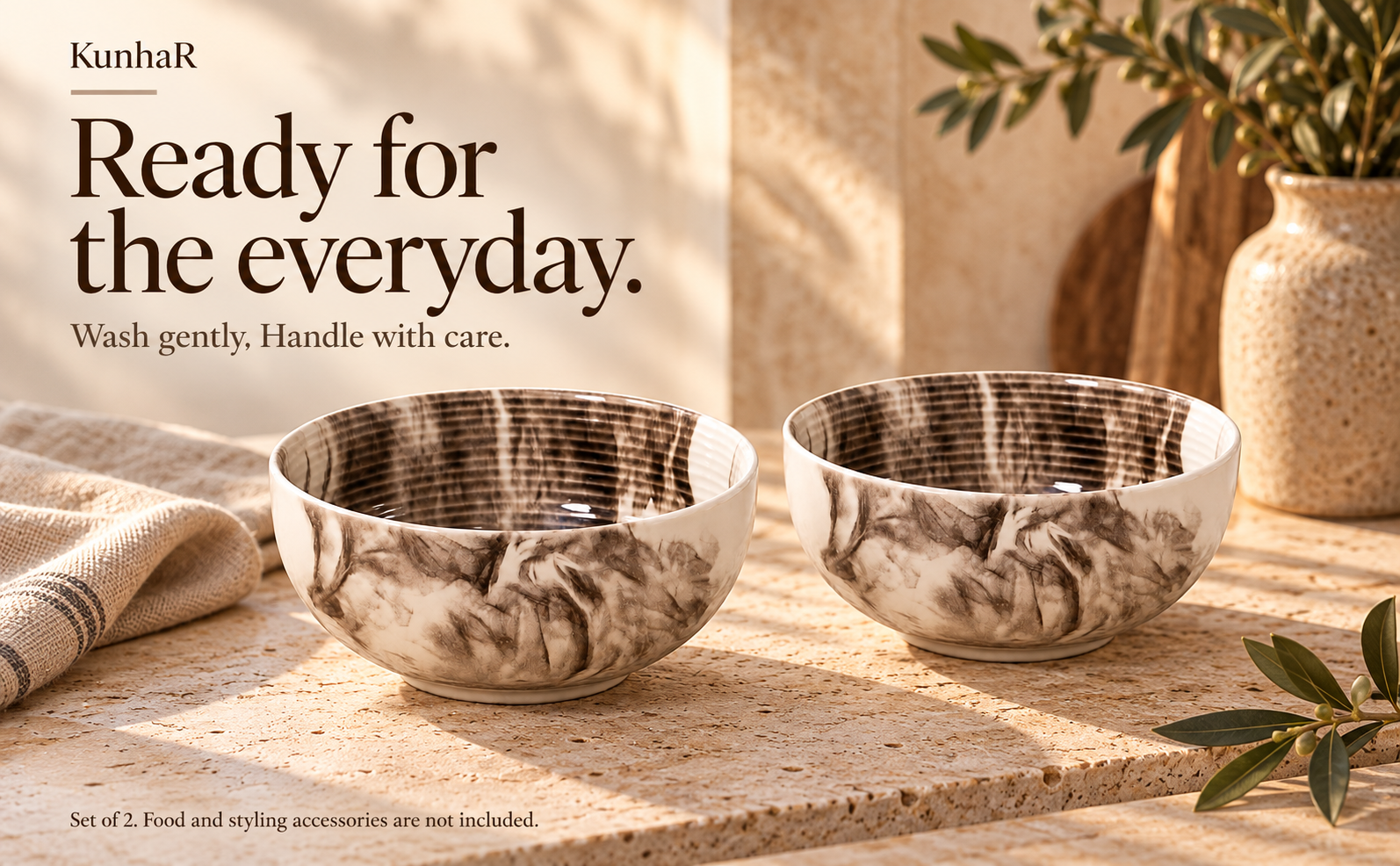 KunhaR Ceramic Serving Bowls, 400 ml Each, Set of 2, Marble Color, Small Bowls for Soup, Rice, Curry, Snacks and Desserts — care