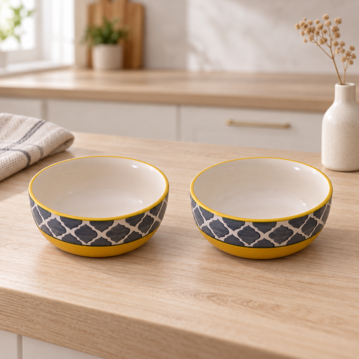 KunhaR Ceramic Serving Bowls, 400 ml Each, Set of 2, Yellow Grey, Small Bowls for Soup, Rice, Curry, Snacks and Desserts - Image 2