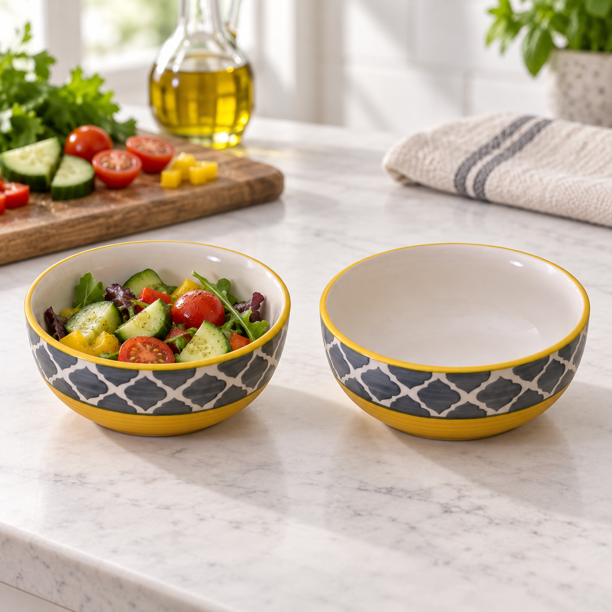 KunhaR Ceramic Serving Bowls, 400 ml Each, Set of 2, Yellow Grey, Small Bowls for Soup, Rice, Curry, Snacks and Desserts - Image 4