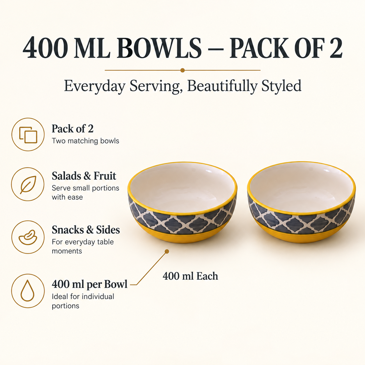KunhaR Ceramic Serving Bowls, 400 ml Each, Set of 2, Yellow Grey, Small Bowls for Soup, Rice, Curry, Snacks and Desserts - Image 7