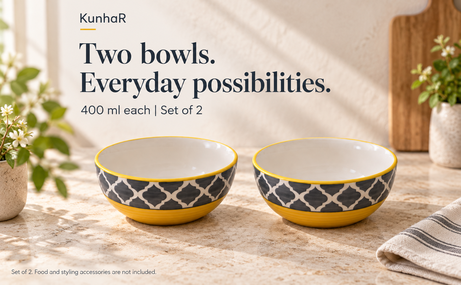 KunhaR Ceramic Serving Bowls, 400 ml Each, Set of 2, Yellow Grey, Small Bowls for Soup, Rice, Curry, Snacks and Desserts — hero