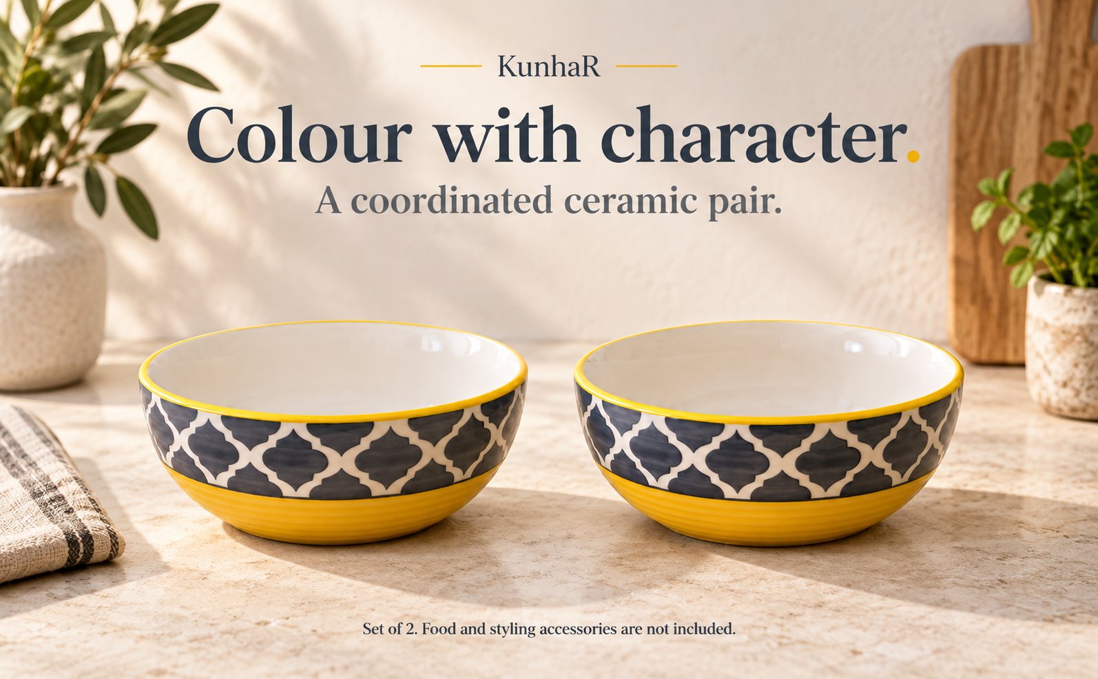 KunhaR Ceramic Serving Bowls, 400 ml Each, Set of 2, Yellow Grey, Small Bowls for Soup, Rice, Curry, Snacks and Desserts — finish