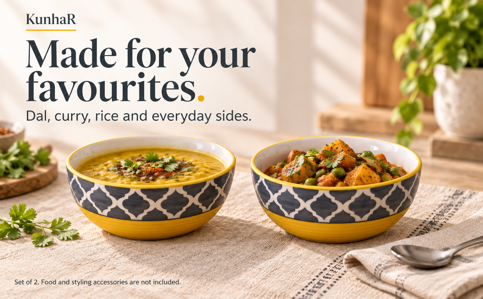 KunhaR Ceramic Serving Bowls, 400 ml Each, Set of 2, Yellow Grey, Small Bowls for Soup, Rice, Curry, Snacks and Desserts — serve